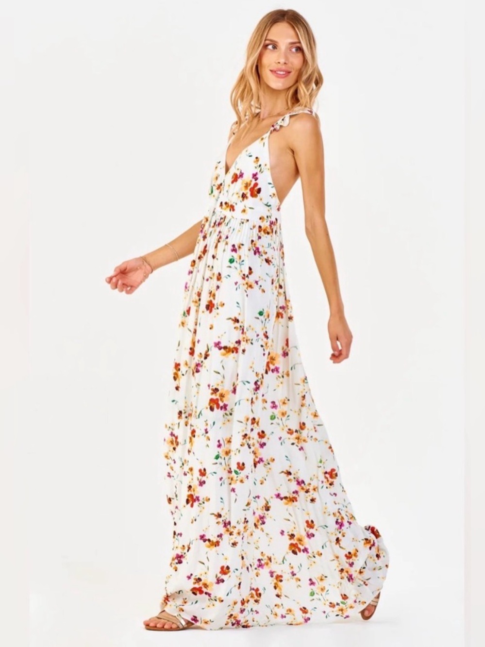 White Floral Maxi Dress with Spaghetti Straps & Open Back
